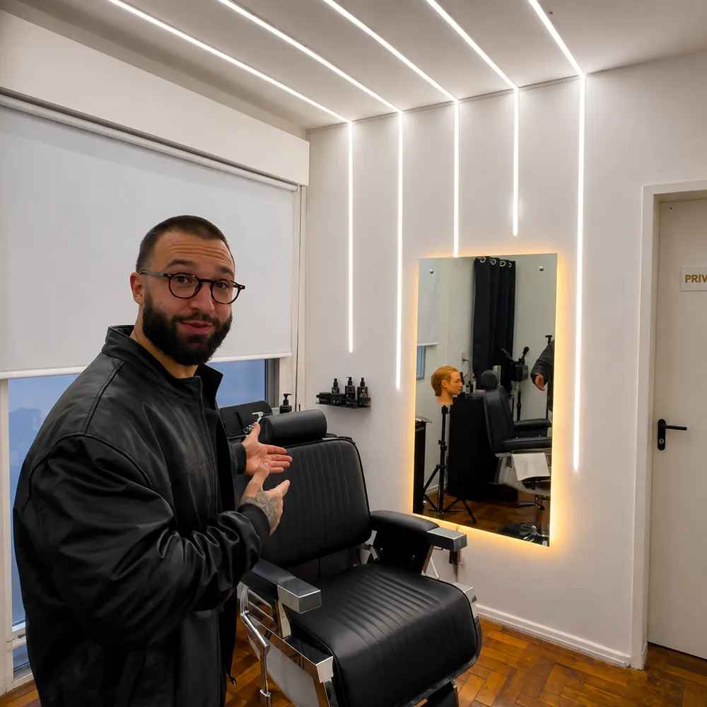 Sala individual da Call Barber Shop com cadeira de barbeiro e espelho iluminado